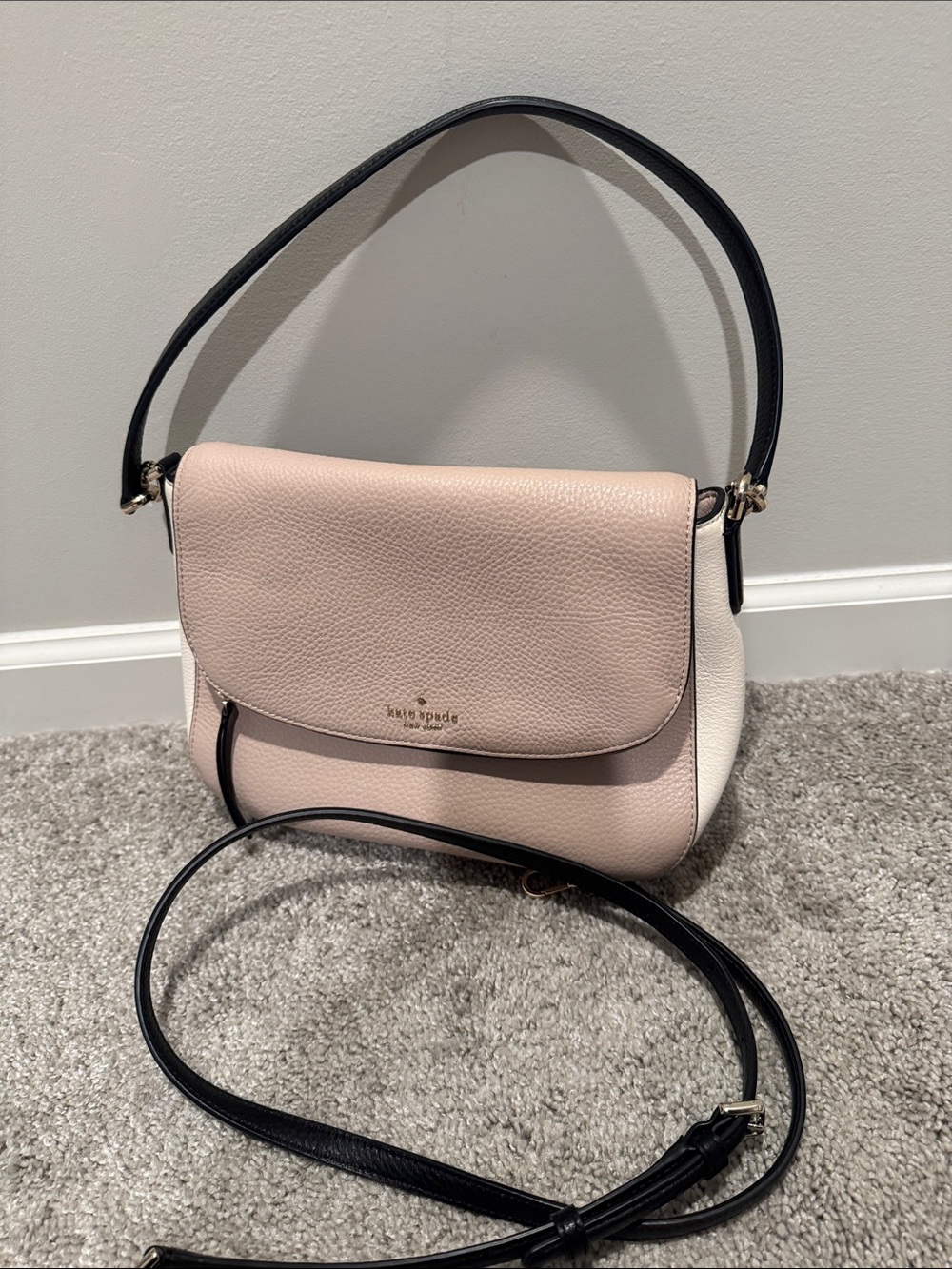 kate spade Blush Pink and White Pebbled Leather Shoulder Bag with Black Strap